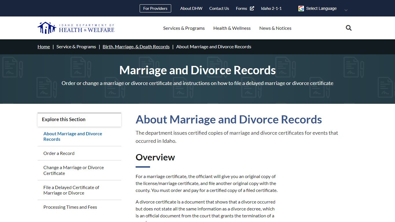 About Marriage and Divorce Records | Idaho Department of ...